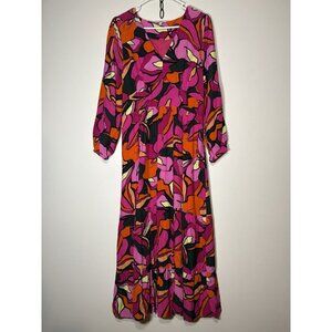 LaRoque Maxi Dress Long Balloon Sleeve Pink Multicolor Floral V-Neck Size Medium